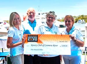 Expo event and marketing manager Emma Brown and Expo chairman Brett Thurley present a $9000 donation to Rotary Club of Coomera River president Jen Dreyer and secretary/president-elect Val Bruce photo copyright Gold Coast Marine Expo www.gcmarineexpo.com.au taken at  and featuring the  class