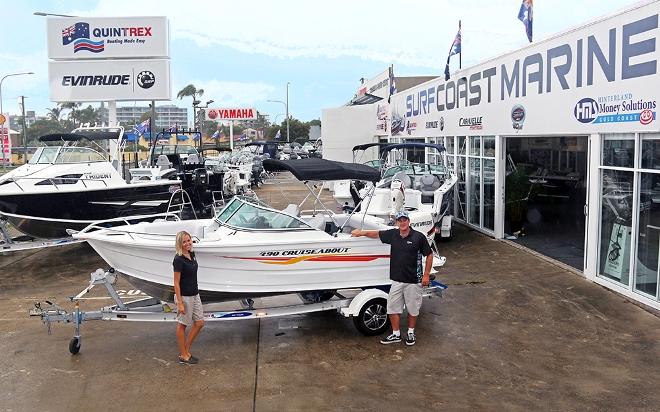 Emma Brown (Expo) and Paul Banning (Surf Coast Marine) showing off the fully equipped, ready-to-go boating package that will get you, your family and friends safely out on the water and immediately making memories © Gold Coast Marine Expo www.gcmarineexpo.com.au