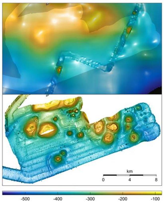 Until recently, the Galápagos platform and the surrounding deep-water seamounts had not been explored using modern, high-resolution survey and sampling methods. The team utilized a multibeam sonar system mounted on Alucia’s hull and a side-scan sonar on a REMUS 600. The bathymetry comparison above is from an area south of Floreana Island, Galápagos . The top image is pre-cruise bathymetry with a resolution of ~1km per pixel. The bottom image shows bathymetry that was mapped during the August exp © S. Adam Soule / Woods Hole Oceanographic Institution