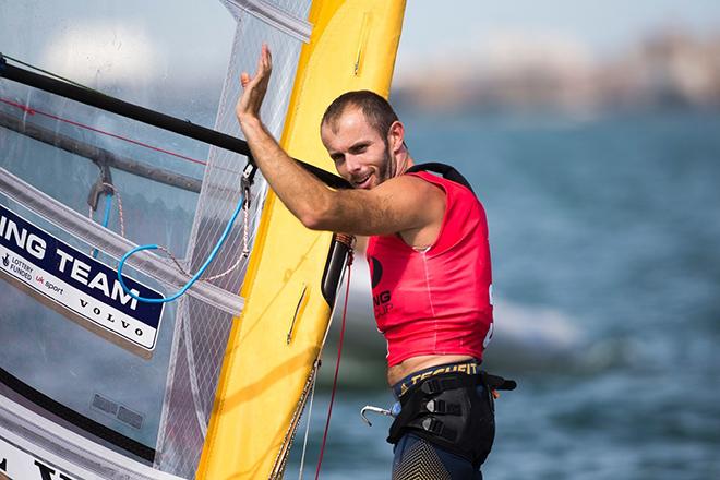 Windsurfer Nick Dempsey celebrates silver. © Richard Langdon/British Sailing Team