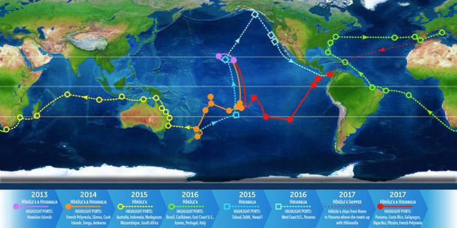 Hokule'a set out from the Hawaiian Islands in 2013 on a mission to circumnavigate the globe without the use of modern navigation instruments. © Polynesia Voyaging Society