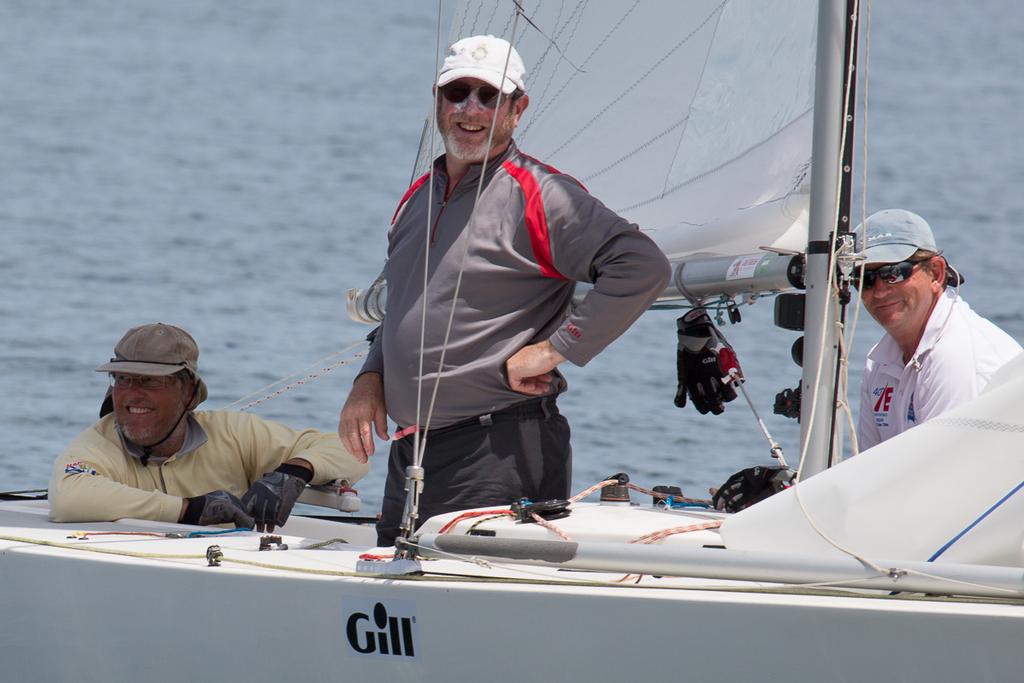 All smiles from Melbourne Fleet Captain and regatta organiser, Peter Coleman, with Iain Gartley and Glenn Ferguson - 2016 Etchells Australian Championship © Kylie Wilson Positive Image - copyright http://www.positiveimage.com.au/etchells