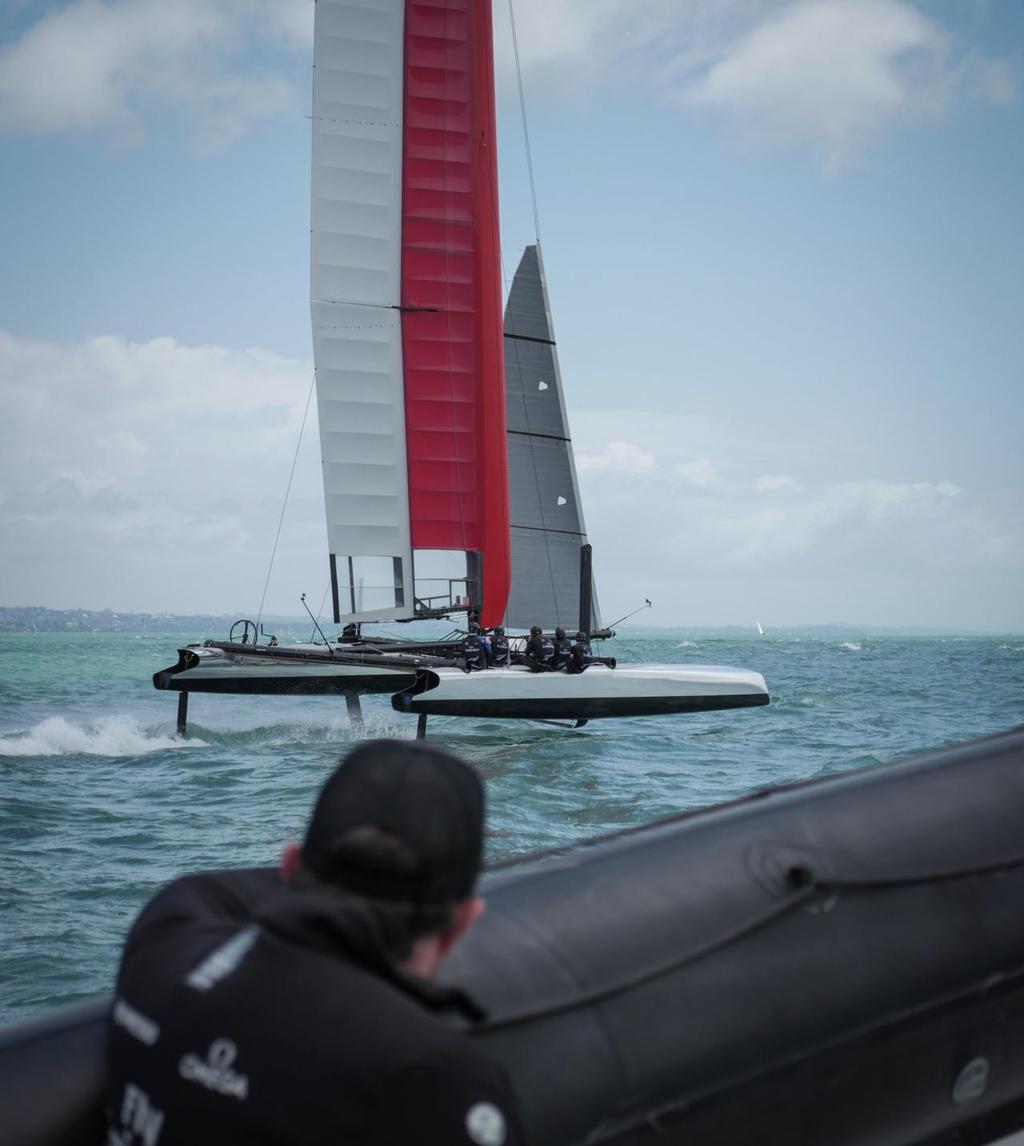 Emirates Team New Zealand resumes testing for 2016  with Boat 0 on Auckland Harbour © Hamish Hooper/Emirates Team NZ http://www.etnzblog.com