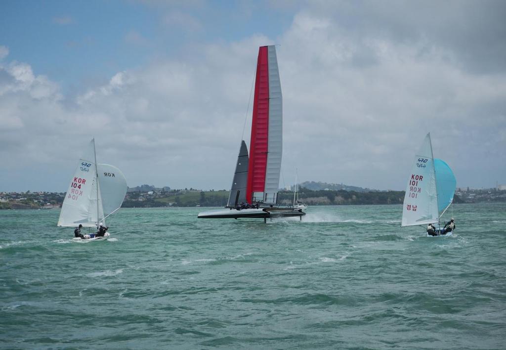 Emirates Team New Zealand resumes testing for 2016  with Boat 0 on Auckland Harbour © Hamish Hooper/Emirates Team NZ http://www.etnzblog.com