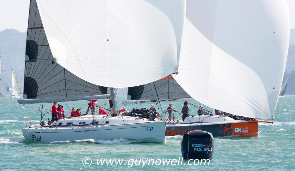Fuji and Emagine, neck and neck for a finish.  Royal Langkawi International Regatta 2015. © Guy Nowell http://www.guynowell.com