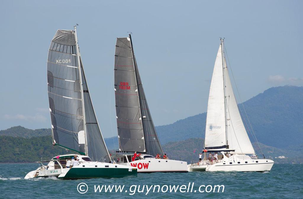 Manta Blu leads Wow and ImageASIA Nina across the start line. Royal Langkawi International Regatta 2016. © Guy Nowell http://www.guynowell.com