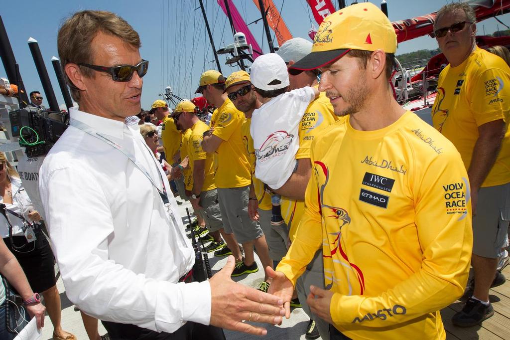 May 17, 2015. Leg 7 Start in Newport; Ryan Kwanten( Abu Dhabi Ocean Racing leg jumper) meets Knut Frostad on the pontoon before he heads out onto the water. © Volvo Ocean Race http://www.volvooceanrace.com