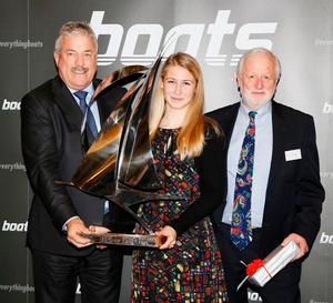 15 year old Eleanor Poole from Dunsford, Devon,  winner of the boats.com YJA Young Sailor of the Year Award, presented by Ian Atkins, CEO of boats.com, and Paul Gelder, Chairman of the Yachting Journalists' Association at Trinity House, London. photo copyright Patrick Roach taken at  and featuring the  class