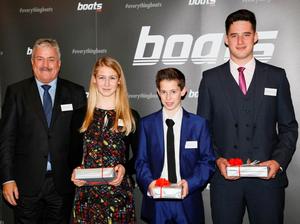Nominees for the boats.com YJA Young Sailor of the Year Award, presented by Ian Atkins, CEO of boats.com (left) at Trinity House, London.  Left  15 year old Eleanor Poole from Dunsford, Devon (winner)  Jack Lewis and Cameron Tweedle. photo copyright Patrick Roach taken at  and featuring the  class