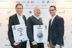 And the winner takes it all: Thore Hansen, CEO Point of sailing, Jürgen Waldheim, international chairman J/70 class, and Sven Christensen, CEO Point of sailing (from left), presenting the prizes photo copyright Kieler Woche www.KielerWoche.de taken at  and featuring the  class