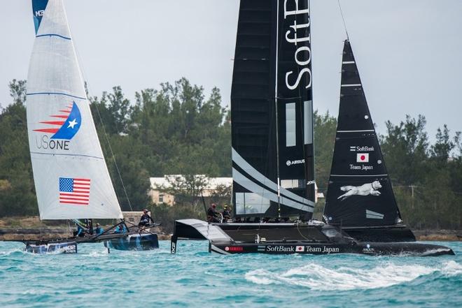 An unexpected visit by America's Cup team Softbank Team Japan crossing the M32 race course © Jen Edney Photography / M32 Series