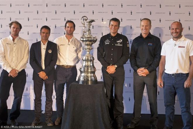 America's Cup, Skippers presentation press conference, London (UK), 09 Sept. 2014. L. to R.: Nathan Outteridge (Artemis Racing), Franck Cammas (Team France),Ben Ainslie (Ben Ainslie Racing), Dean Barker (Emirates Team New Zealand), James Spithill (ORACLE TEAM USA), Max Sirena (Luna Rossa Challenge © ACEA /Photo Gilles Martin-Raget