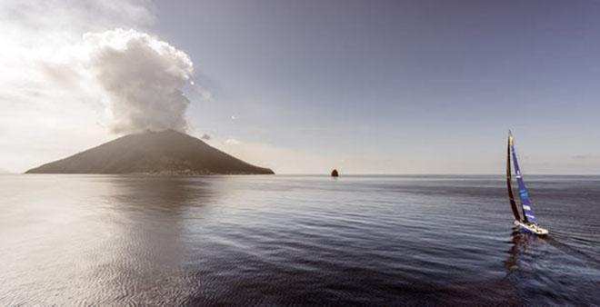 Esimit Europa 2 approaches Stromboli. ©  Rolex/ Kurt Arrigo http://www.regattanews.com