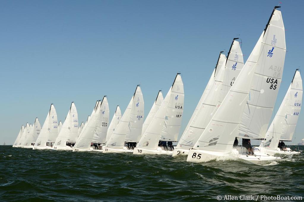 A 46-boat J/70 fleet on the line on Tampa Bay today. photo copyright Allen Clark http://www.photoboat.com taken at  and featuring the  class