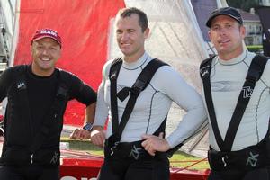 2016 JJ Giltinan champions, from left Lee Knapton, Mike McKensey and Ricky Bridge of the Smeg team photo copyright Frank Quealey /Australian 18 Footers League http://www.18footers.com.au taken at  and featuring the  class