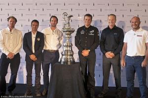 America's Cup, Skippers presentation press conference, London (UK), 09 Sept. 2014. L. to R.: Nathan Outteridge (Artemis Racing), Franck Cammas (Team France),Ben Ainslie (Ben Ainslie Racing), Dean Barker (Emirates Team New Zealand), James Spithill (ORACLE TEAM USA), Max Sirena (Luna Rossa Challenge photo copyright ACEA /Photo Gilles Martin-Raget taken at  and featuring the  class