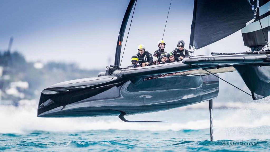 Dean Barker at the helm of Oracle Team USA’s  Development boat 1 - sailed by Softbank Team Japan - Bermuda, March 2016 © Ian Roman http://www.ianroman.com