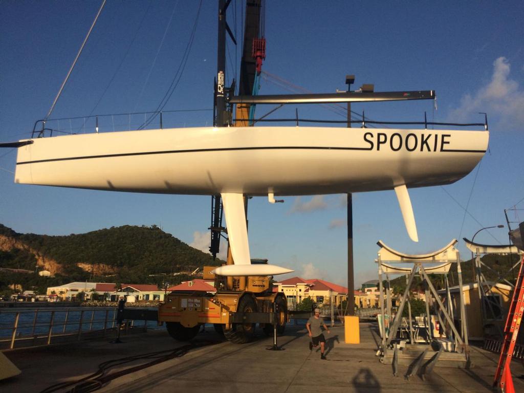 Norwalk, CT's Steve and Heidi Benjamin's TP 52, Spookie, get's race ready in St. Thomas earlier in the week. Spookie will sail in today's Round the Rocks Race. Credit: Ben Beer © Dean Barnes