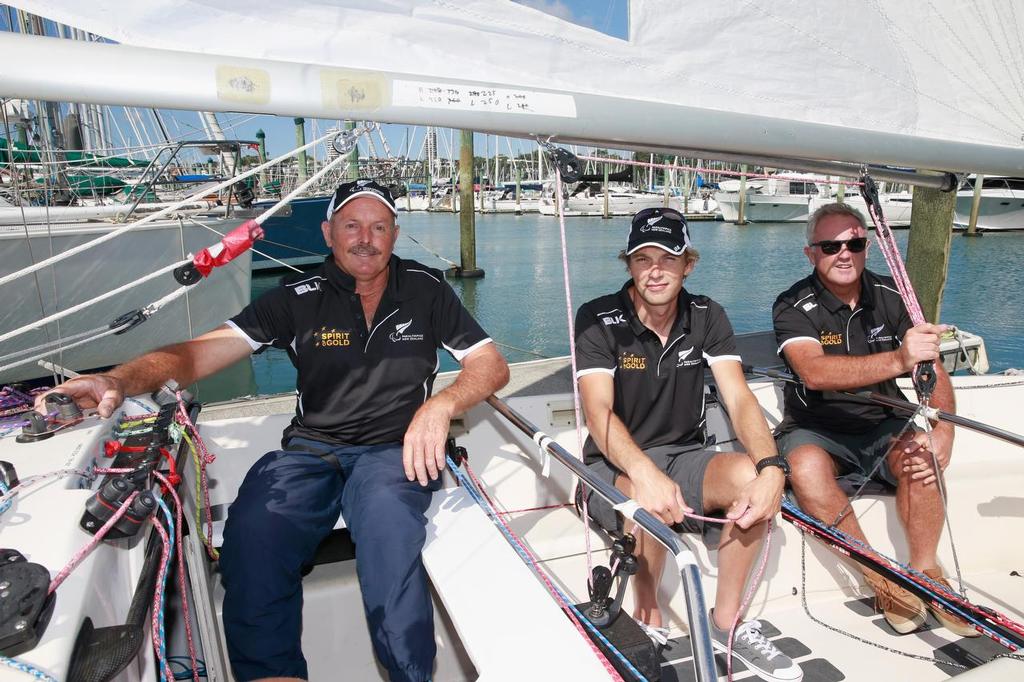  (L-R) Chris Sharp,  Andrew May and Richard Dodson aboard their boat during the New Zealand Para-Sailing Olympic Games Team Announcement at the Royal New Zealand Yacht Squadron on March 3, 2016 in Auckland, New Zealand.  &copy; Getty Images