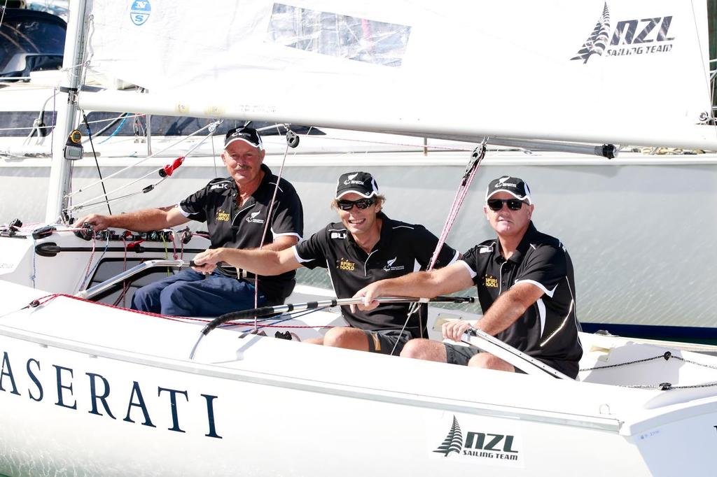  (L-R) Chris Sharp,  Andrew May and Richard Dodson aboard their boat during the New Zealand Para-Sailing Olympic Games Team Announcement at the Royal New Zealand Yacht Squadron on March 3, 2016 in Auckland, New Zealand.  &copy; Getty Images