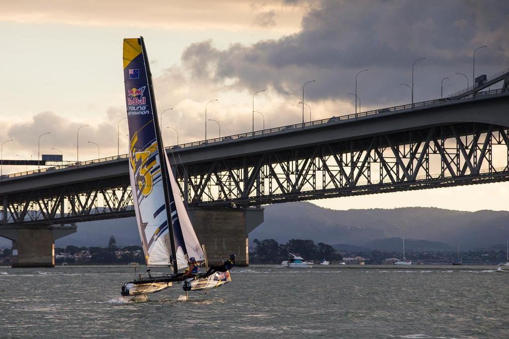 Young Sailors race during Foiling Generation heats on the Waitemata Harbour in Auckland, New Zealand on March 4, 2016 photo copyright Red Bull Content Pool taken at  and featuring the  class