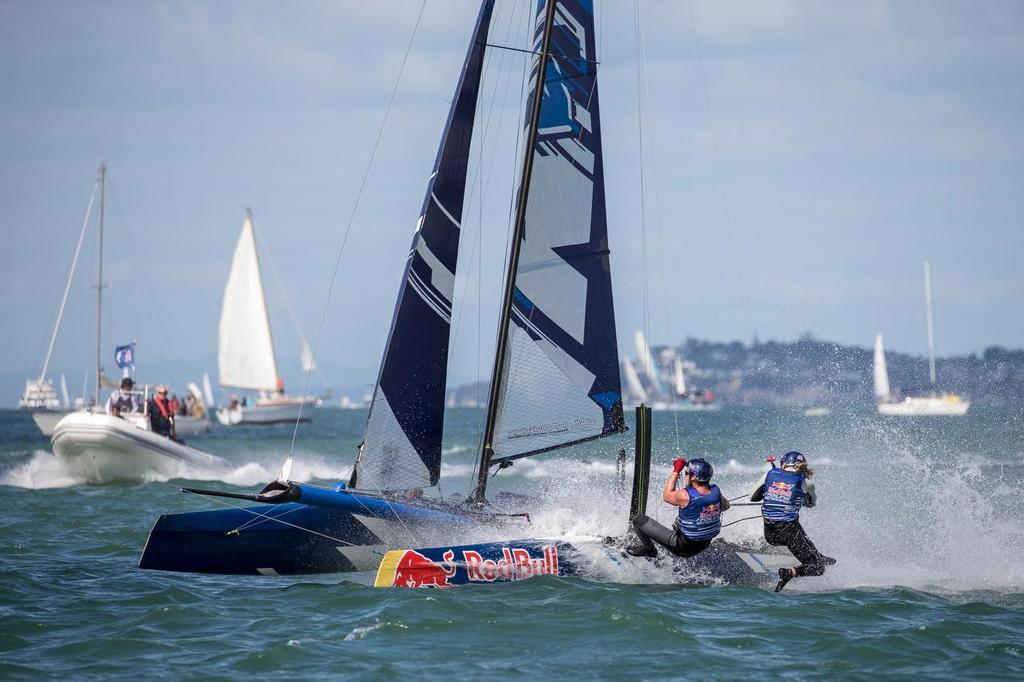 Micah Wilkinson and Olivia Mackay race during Red Bull Foiling Generation final on the Waitemata Harbour in Auckland, New Zealand on March 6, 2016 photo copyright Red Bull Content Pool taken at  and featuring the  class