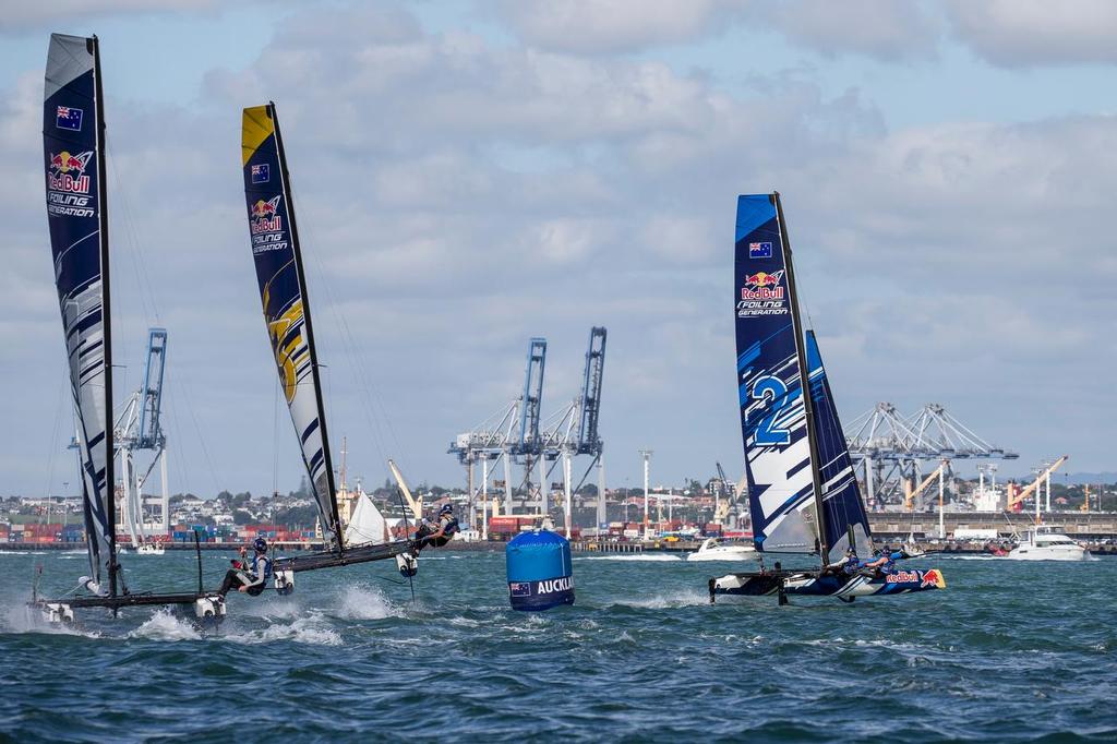William McKenzie,Tamryn Lindsay, Trent Riplpley, Issac McHardie and Micah Wilkinson, Olivia Mackay race during Foiling Generation final on the Waitemata Harbour in Auckland, New Zealand on March 6, 2016 photo copyright Red Bull Content Pool taken at  and featuring the  class
