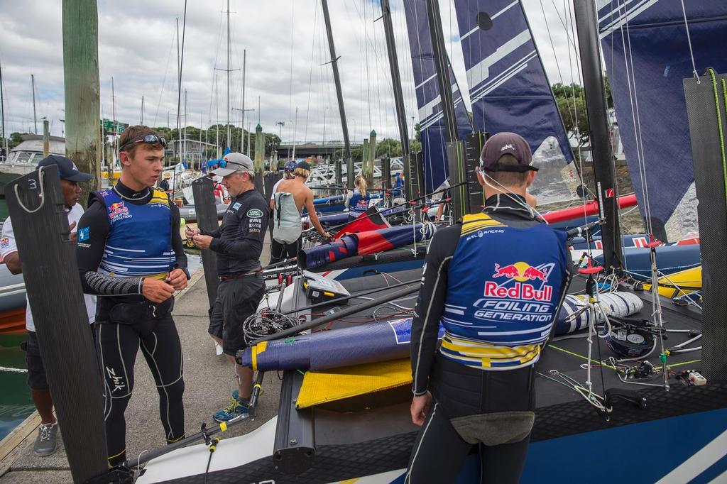 Young Sailors prepare to race during Foiling Generation heats on the Waitemata Harbour in Auckland, New Zealand on March 6, 2016 photo copyright Red Bull Content Pool taken at  and featuring the  class