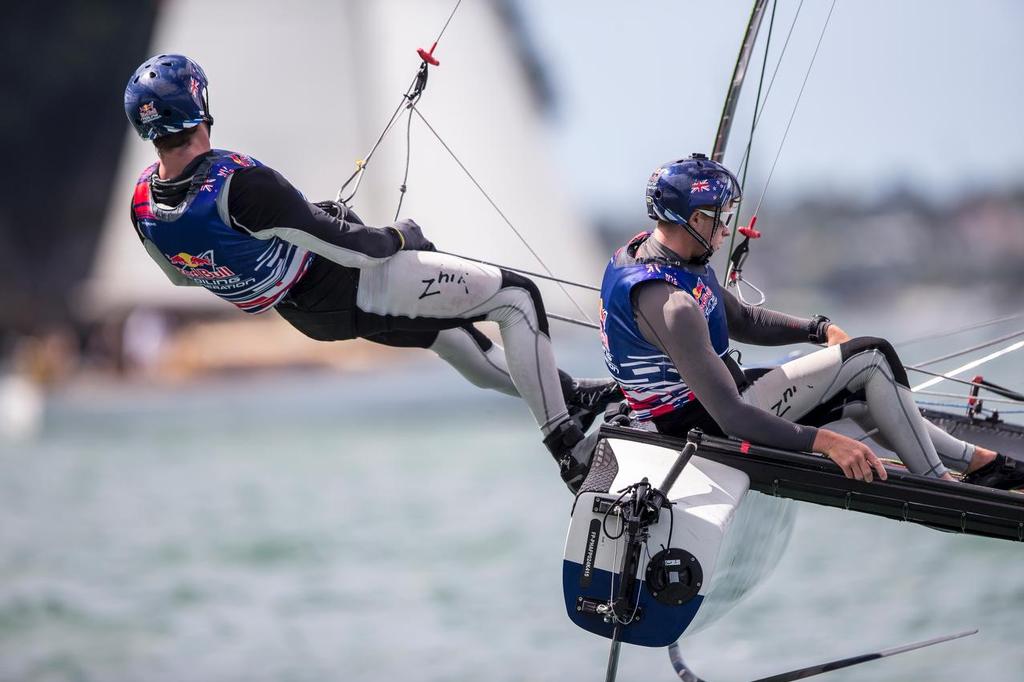 Young Sailors race during Foiling Generation semi final heats on the Waitemata Harbour in Auckland, New Zealand on March 6, 2016 photo copyright Red Bull Content Pool taken at  and featuring the  class