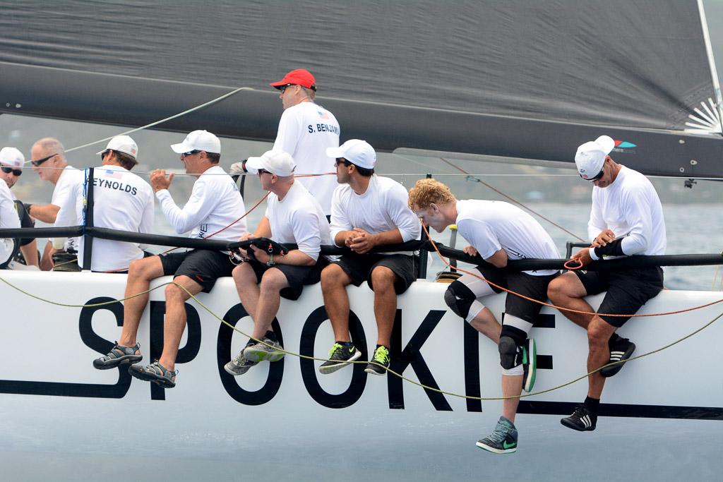 Crew, including the USVI's Peter Holmberg, rides the rail on Spookie in Round the Rocks Race. Credit: Dean Barnes. - St. Thomas International Regatta © Ingrid Abery http://www.ingridabery.com