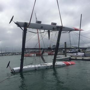 TeamVodafoneSailing&rsquo;s GC32 is righted, while the team&rsquo;s ORMA60 looks on - 2016 Jack Tar Auckland Regatta, Day 2 photo copyright TeamVodafoneSailing taken at  and featuring the  class