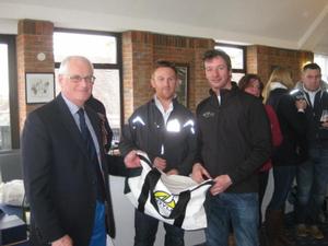 Commodore Chris Mansfield, Neil 'Jaffa' Harrison, Sales Manager for RSrnYC Academy sponsors Doyle Sails, and Allan Higgs, ESF Energy, winners of the J/70 Class in the Academy Frostbite Series photo copyright Peta Stuart-Hunt taken at  and featuring the  class
