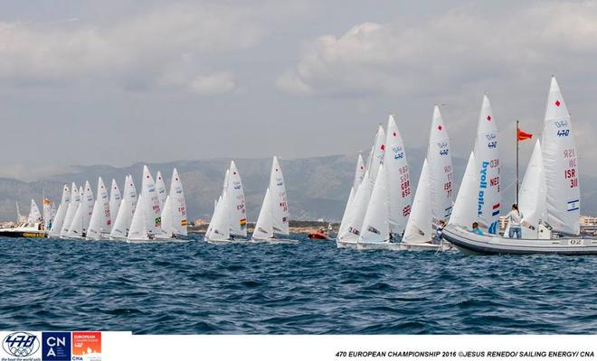 Womens fleet - Day 1, 2016 470 European Championship, Bay of Palma, Mallorca, Spain ©  Jesus Renedo / Sailing Energy http://www.sailingenergy.com/