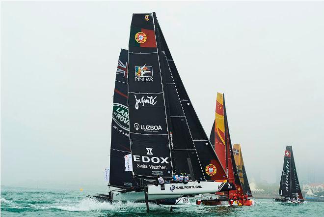 Sail Portugal up on their foils during day four of racing in Qingdao, who finished in fifth for Act two. &copy; Aitor Alcalde Colomer