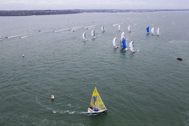 Skipper Macif co-skippered by Yoann Richomme and Charlie Dalin takes an early lead on the fleet. © Alexis Courcoux