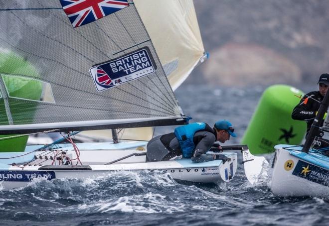 World Champion Giles Scott Team GBR - breaks his rudder in a crucial race - Finn class Trofeo Princesa Sofia, 2016 © Richard Langdon/British Sailing Team