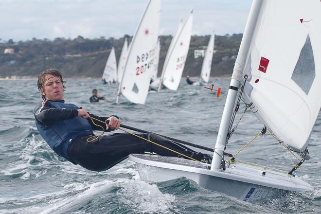 Brody Riley leading the Laser Radial fleet, which he did on the scoreboard as well! Good effort. - Victorian Junior and Youth Championships ©  Alex McKinnon Photography http://www.alexmckinnonphotography.com