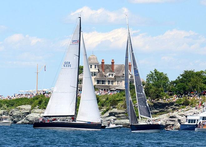Winner of Class 7 in 2014, High Yield (GER 5335 ) short tacking Castle Hill at the start of the Newport Bermuda Race organized by the Royal Bermuda Yacht Club and the Cruising Club of America. In 2014, 164 boats started just off Castle Hill in the mouth of Narragansett Bay, off Newport, Rhode Island. Boats finish off St. David's Lighthouse on Bermuda's South shore after racing 635 miles through the Gulf Stream and the open Atlantic Ocean. © Talbot Wilson