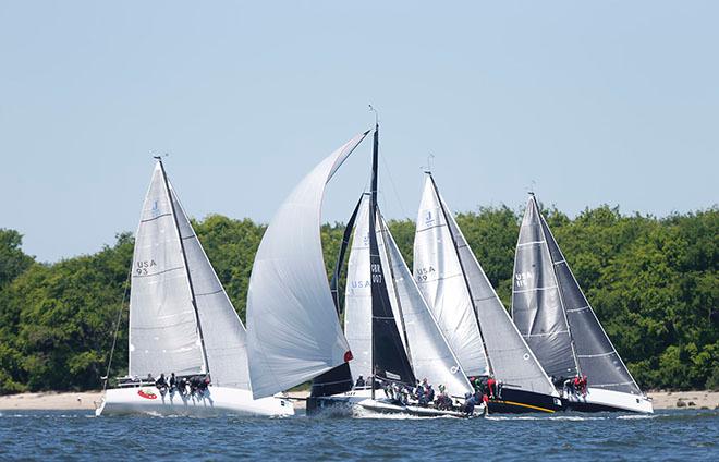 Hailing from San Francisco Bay, Pete Wagner’s Skeleton Key (far right) certainly had the key to boatspeed in the J/111 class, winning all four races of Sperry Charleston Race Week 2016 © Tim Wilkes
