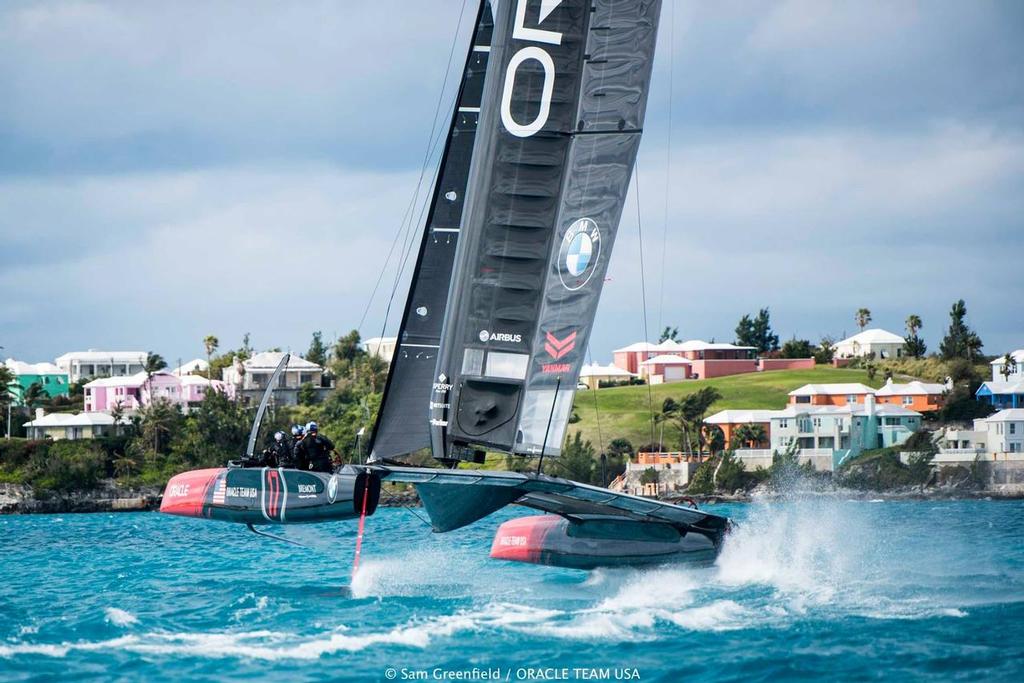 Oracle Team USA sailing off the team’s base at Royal Naval Dockyard, Bermuda. © Sam Greenfield/Oracle Team USA http://www.oracleteamusa.com