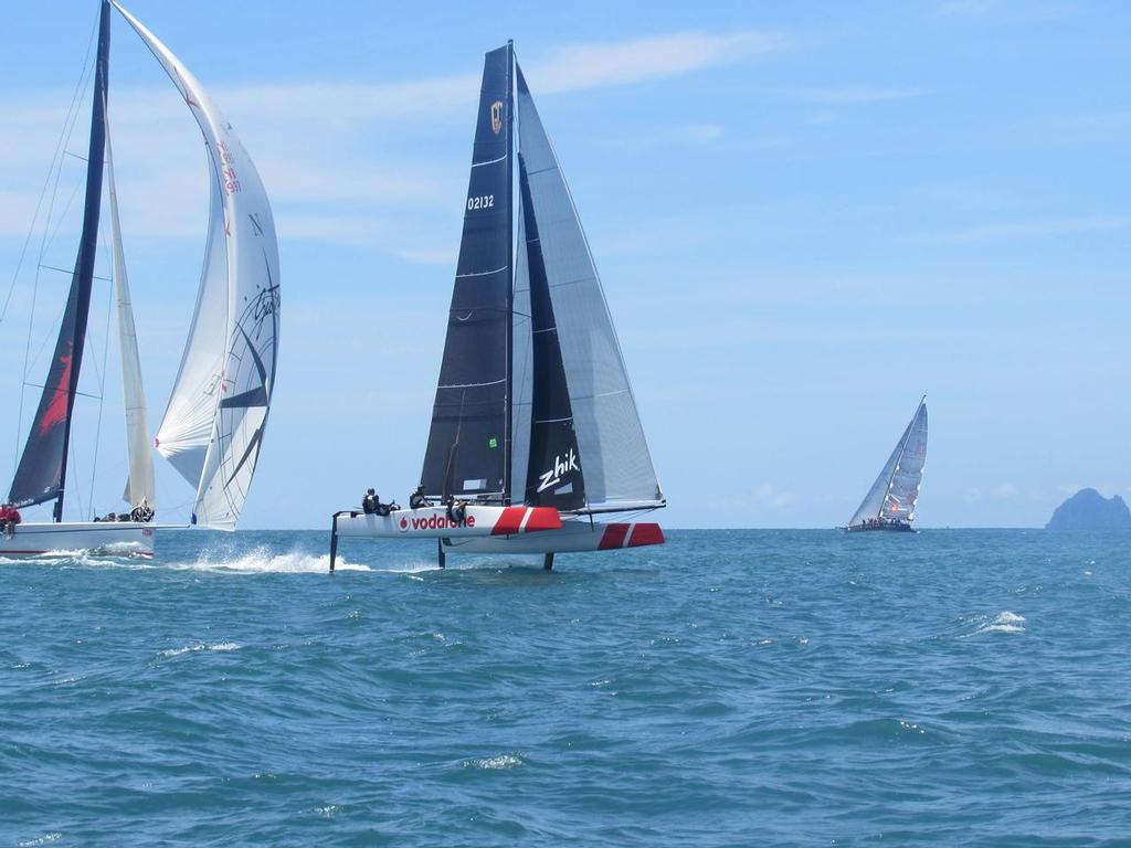 TeamVodafoneSailing GC32 scoots ahead of the TP52 Beau Geste © Bay of Islands Sailing Week http://www.bayofislandssailingweek.org.nz