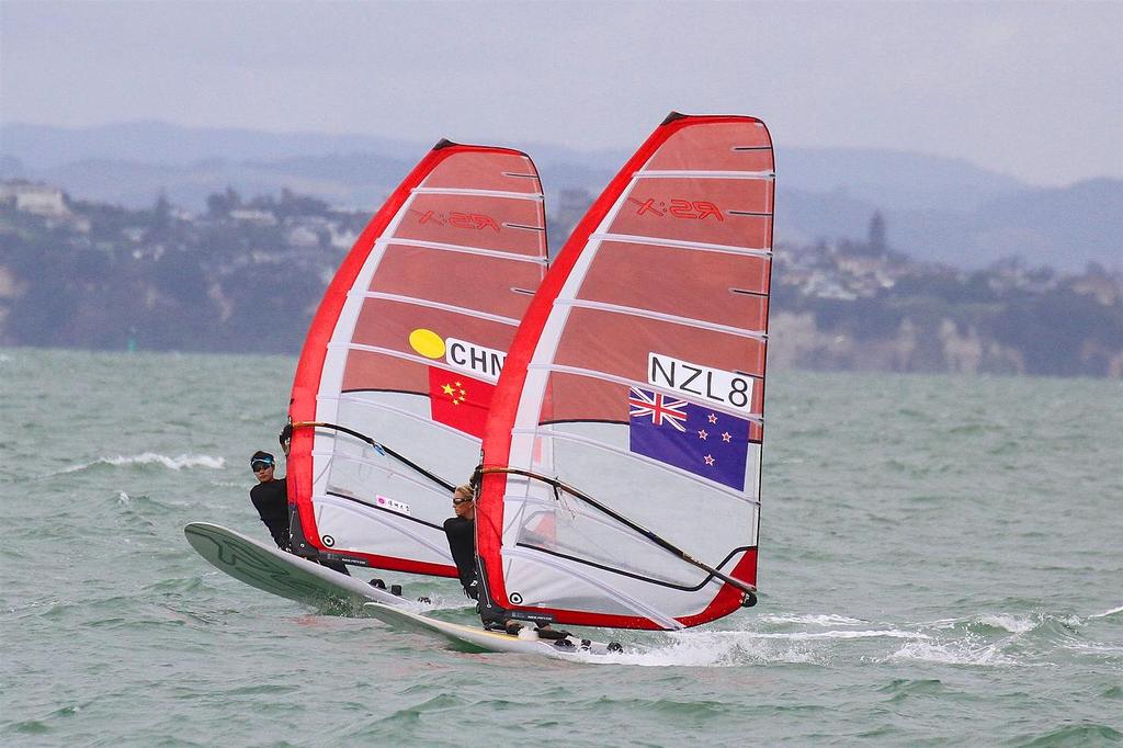 Natalia Kosinska training with China&rsquo;s RS:X Olympic representatives, Takapuna, March 31 2016 photo copyright Richard Gladwell www.photosport.co.nz taken at  and featuring the  class