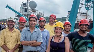 Members of the research team get ready to unload the MV Alucia at the end of the Panama expedition: (front row left to right)  Héctor Guzman, Smithsonian Tropical Research Institute; Jesús Pineda, WHOI; Vicke Starczak, WHOI; Yogesh Girdhar, WHOI; (back row, left to right) James Churchill, WHOI; Rusty Holleman, San Francisco Estuary Institute; AUV specialist Jeff Anderson; and Walter Cho, Point Loma Nazarene University photo copyright Ocean Media Institute taken at  and featuring the  class