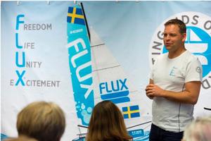 Johnie Berntsson introducing his new sponsor at the Boat Fair in Gothenburg. photo copyright M32 Series taken at  and featuring the  class