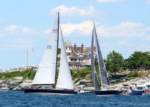 Winner of Class 7 in 2014, High Yield (GER 5335 ) short tacking Castle Hill at the start of the Newport Bermuda Race organized by the Royal Bermuda Yacht Club and the Cruising Club of America. In 2014, 164 boats started just off Castle Hill in the mouth of Narragansett Bay, off Newport, Rhode Island. Boats finish off St. David's Lighthouse on Bermuda's South shore after racing 635 miles through the Gulf Stream and the open Atlantic Ocean. photo copyright Talbot Wilson taken at  and featuring the  class