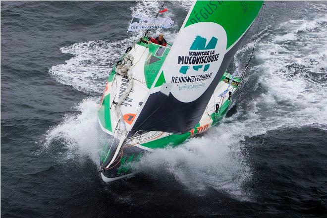 Class40 skipper Maxime Sorel cuts through the water on the way to Eddystone Lighthouse. &copy; Lloyd Images