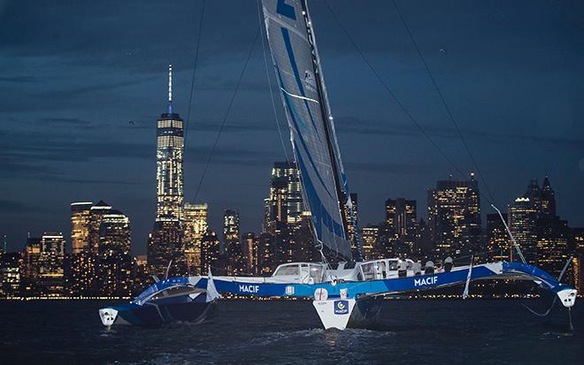 Francois Gabart on board his MACIF ‘Ultim’ 105ft trimaran, shown here celebrating after winning the 'Transat Bakerley' solo transatlantic yacht race. © Lloyd Images