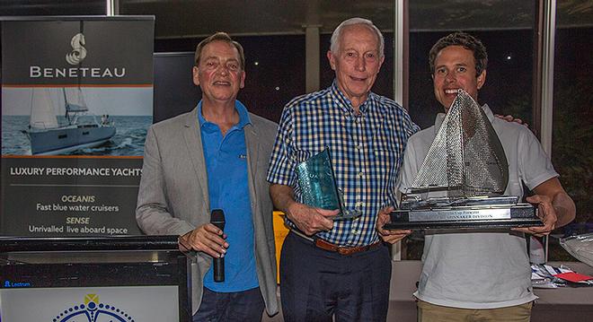 Barry Jackson collects some of the goodies for Alibi’s win in the Spinnaker Division. - 2016 Beneteau Pittwater Cup ©  John Curnow