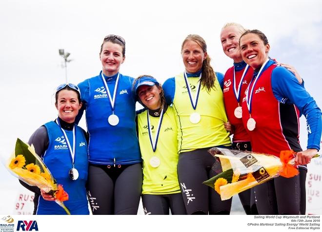 470 Women’s podium - 2016 Sailing World Cup Weymouth and Portland © Pedro Martinez / Sailing Energy / Sofia