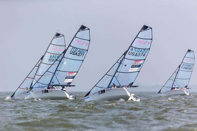 Porteous and McKinnon (USA 71) leading Everhart-Skeels and Walker (USA 74) on Saturday in the SKUD-18. © Jasper van Staveren / Delta Lloyd Regatta